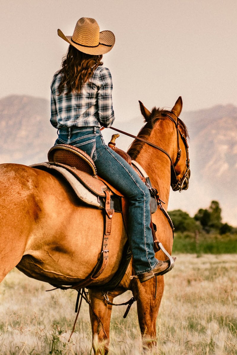 A cowgirl riding her tan horse in a field by the mountains