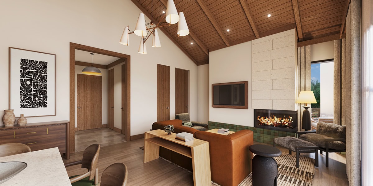 An upscale living room with fireplace at Homestead Residences