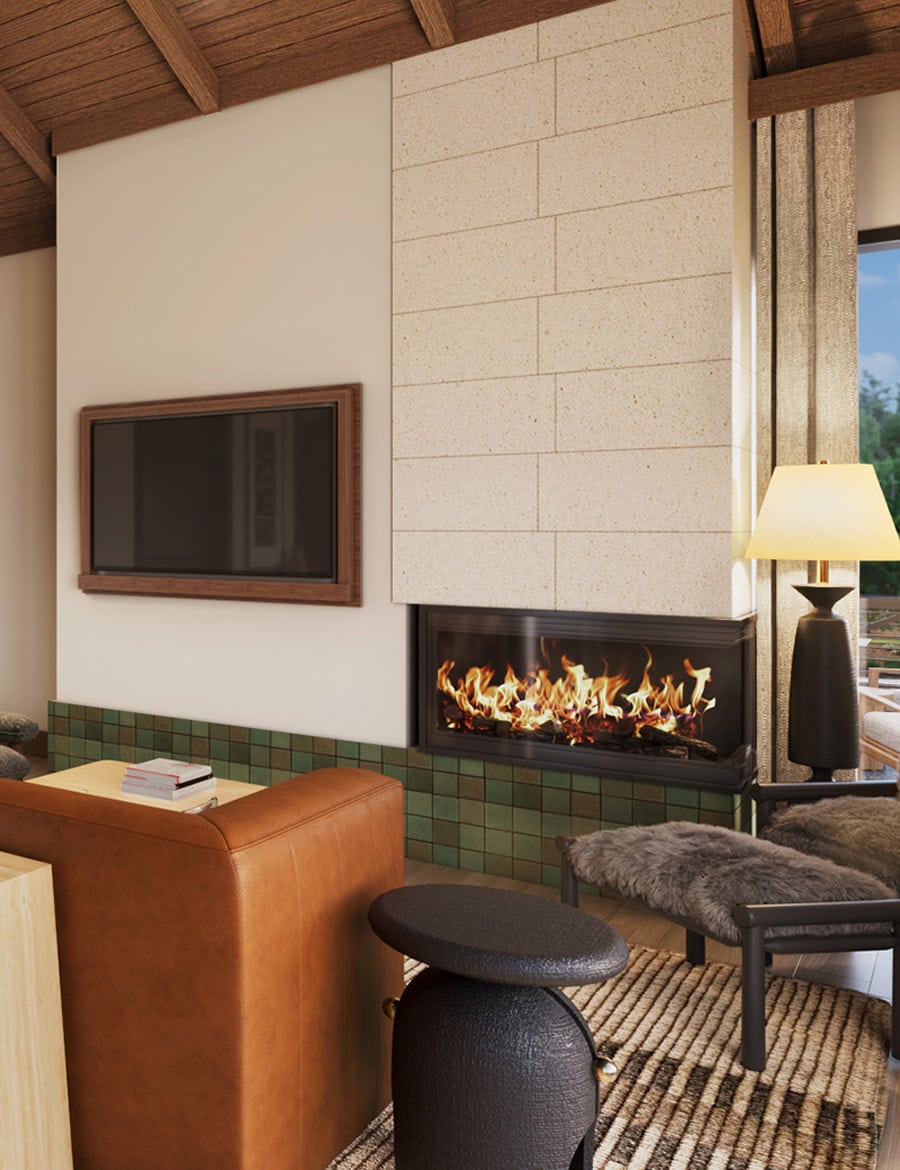 A luxurious living room and fireplace